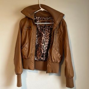 Faux leather cheetah bomber jacket
